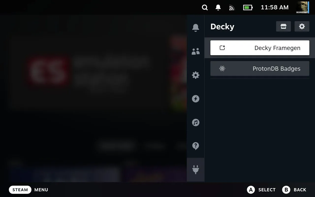 Menu Decky hiển thị plugin Decky Framegen đã được kích hoạt trên Steam Deck.