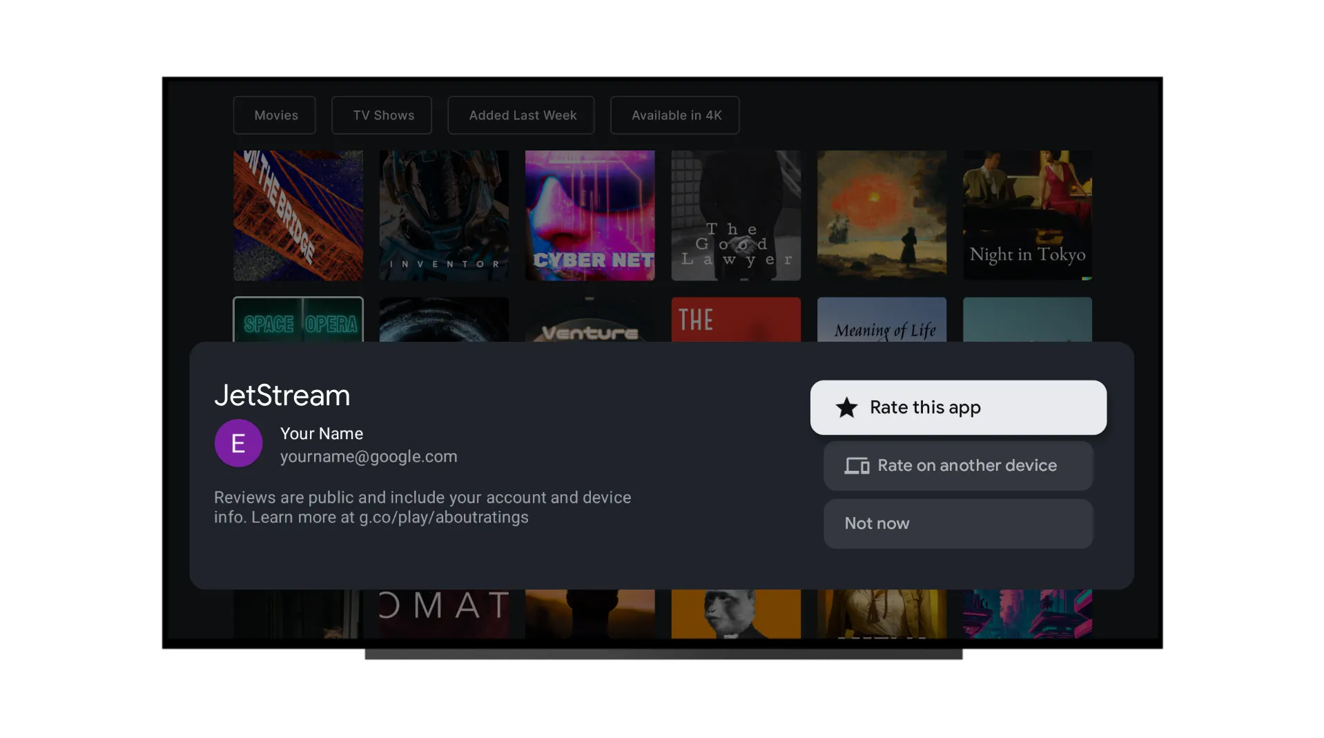 Menu pop-up đánh giá ứng dụng trên Google TV