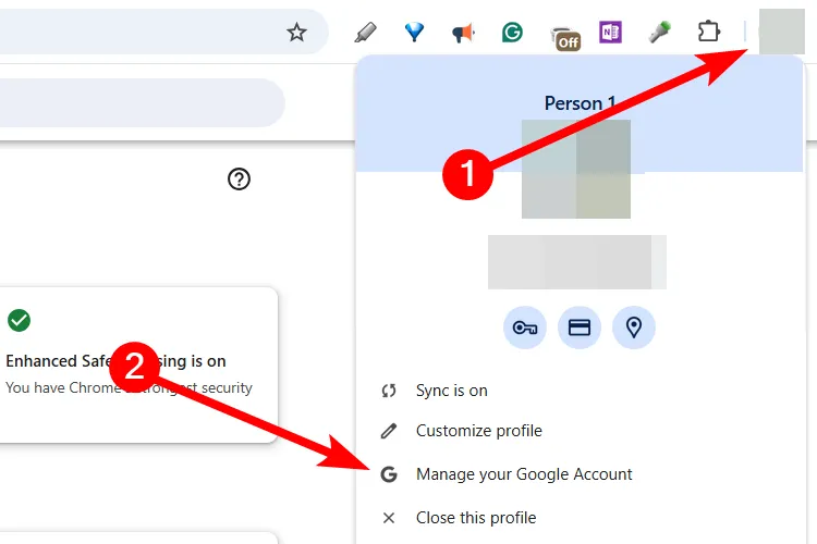 Menu quản lý tài khoản Google từ trình duyệt Chrome.