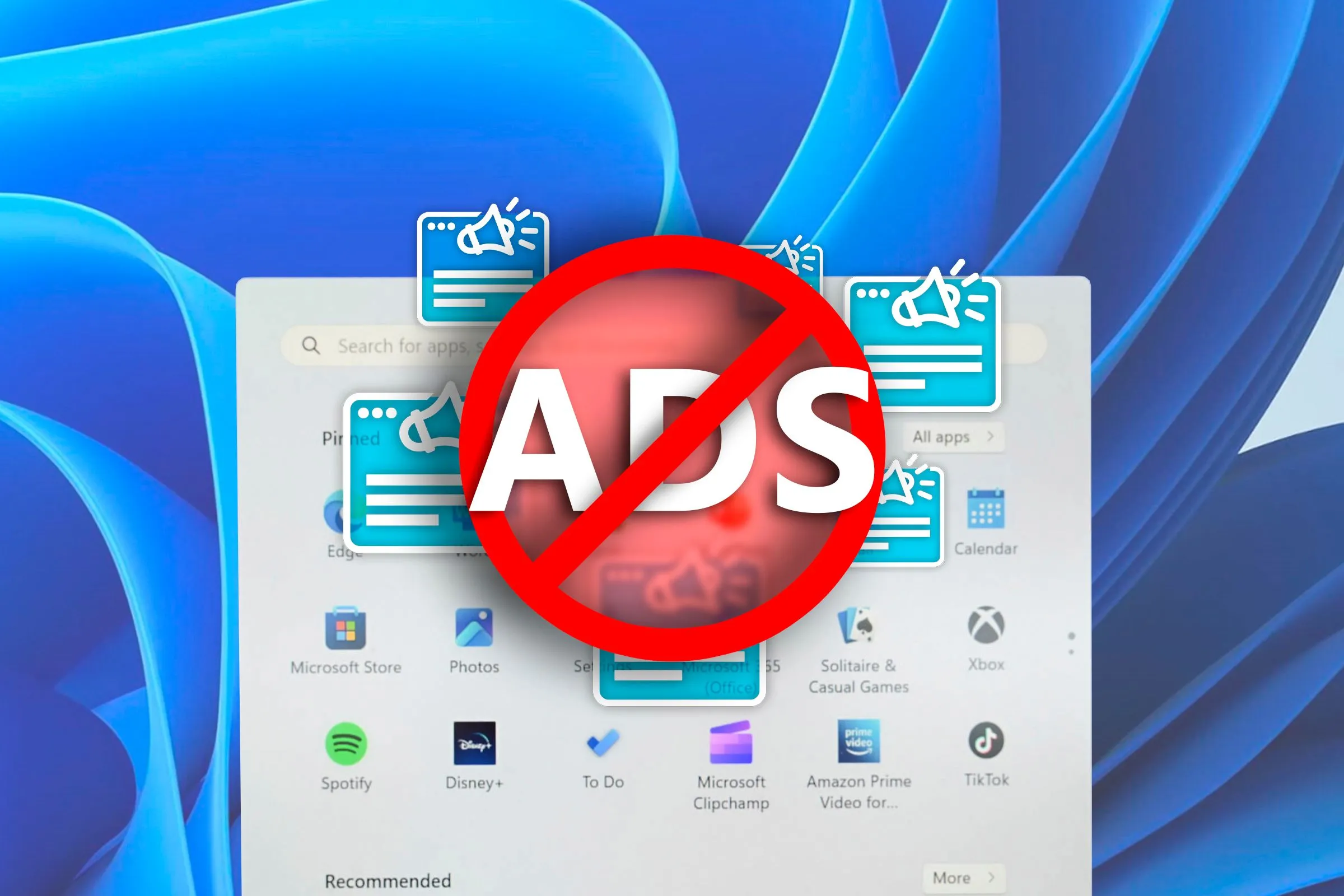 Menu Start của Windows 11 hiển thị quảng cáo ứng dụng và biểu tượng chặn quảng cáo