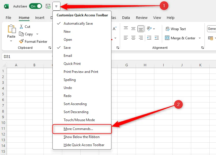 Menu thả xuống của Thanh công cụ Truy cập nhanh của Excel với tùy chọn More Commands (Lệnh khác) được chọn, cho phép tùy chỉnh nâng cao.