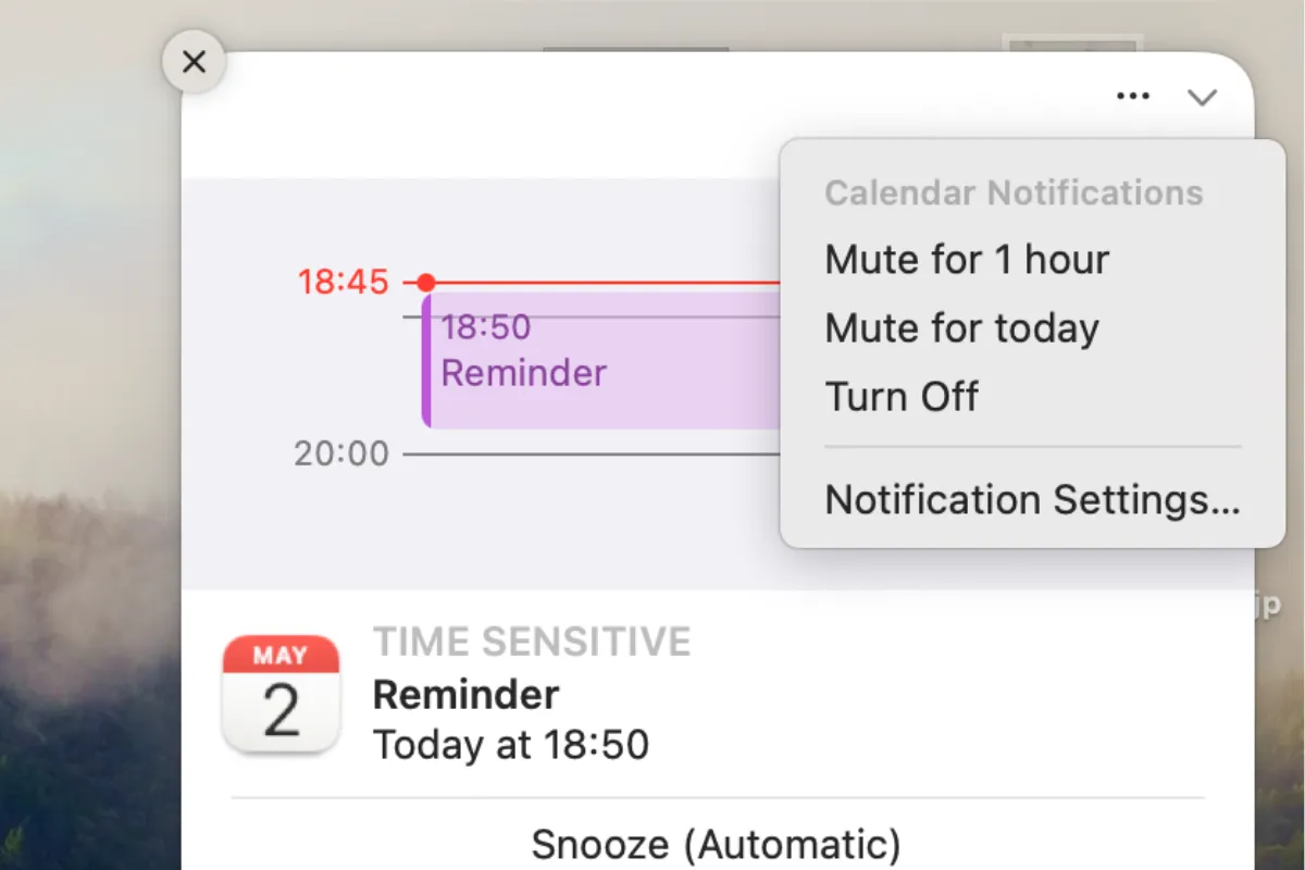 Menu tùy chọn để tạm thời tắt tiếng thông báo ứng dụng trên macOS.