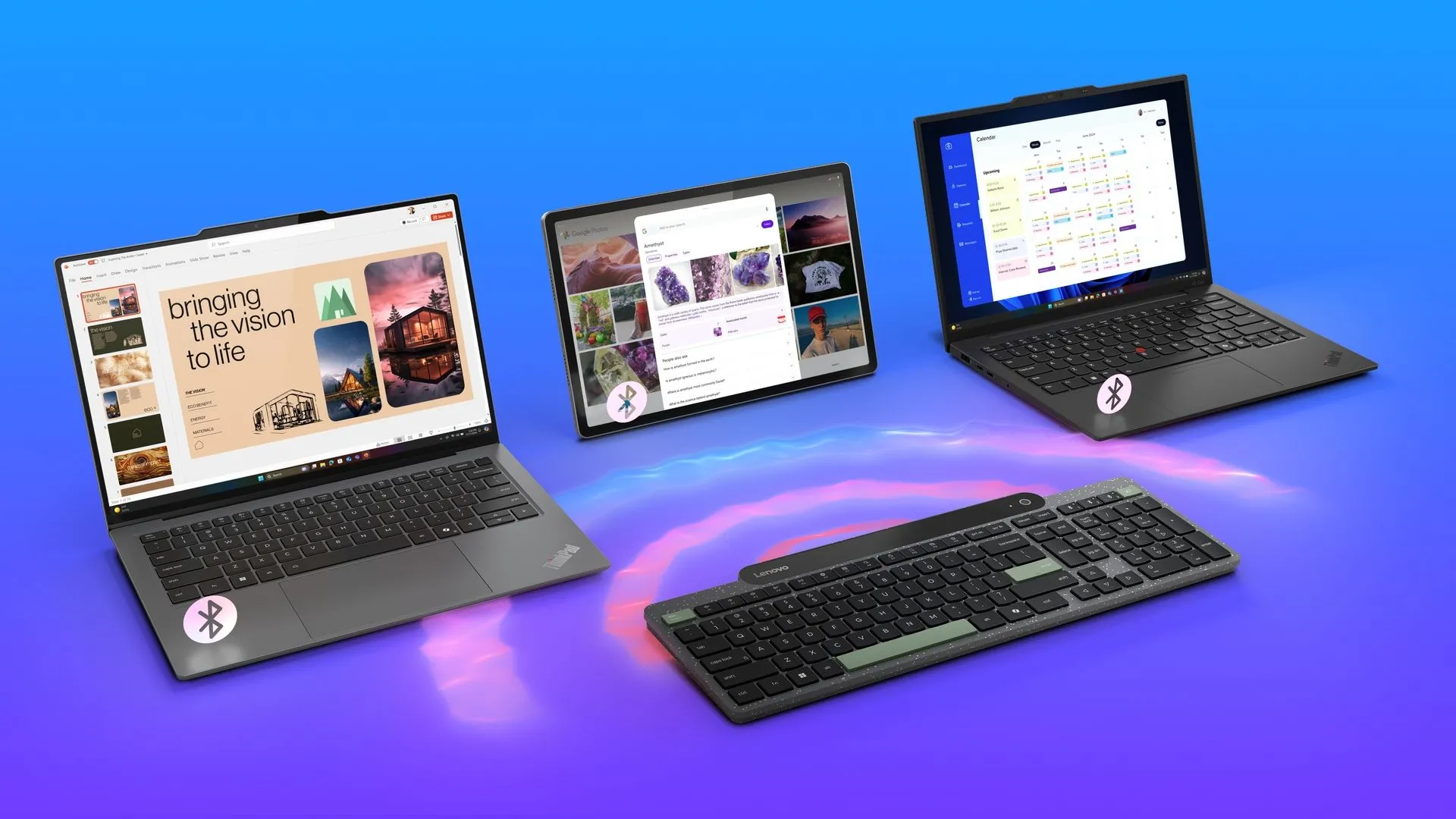 Minh họa bàn phím Bluetooth Lenovo 800 kết nối đồng thời với ba thiết bị khác nhau