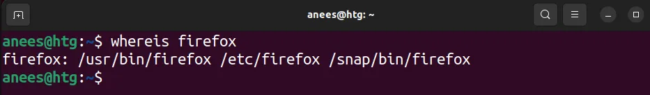 Minh họa lệnh whereis firefox hiển thị đường dẫn file nhị phân của trình duyệt Firefox