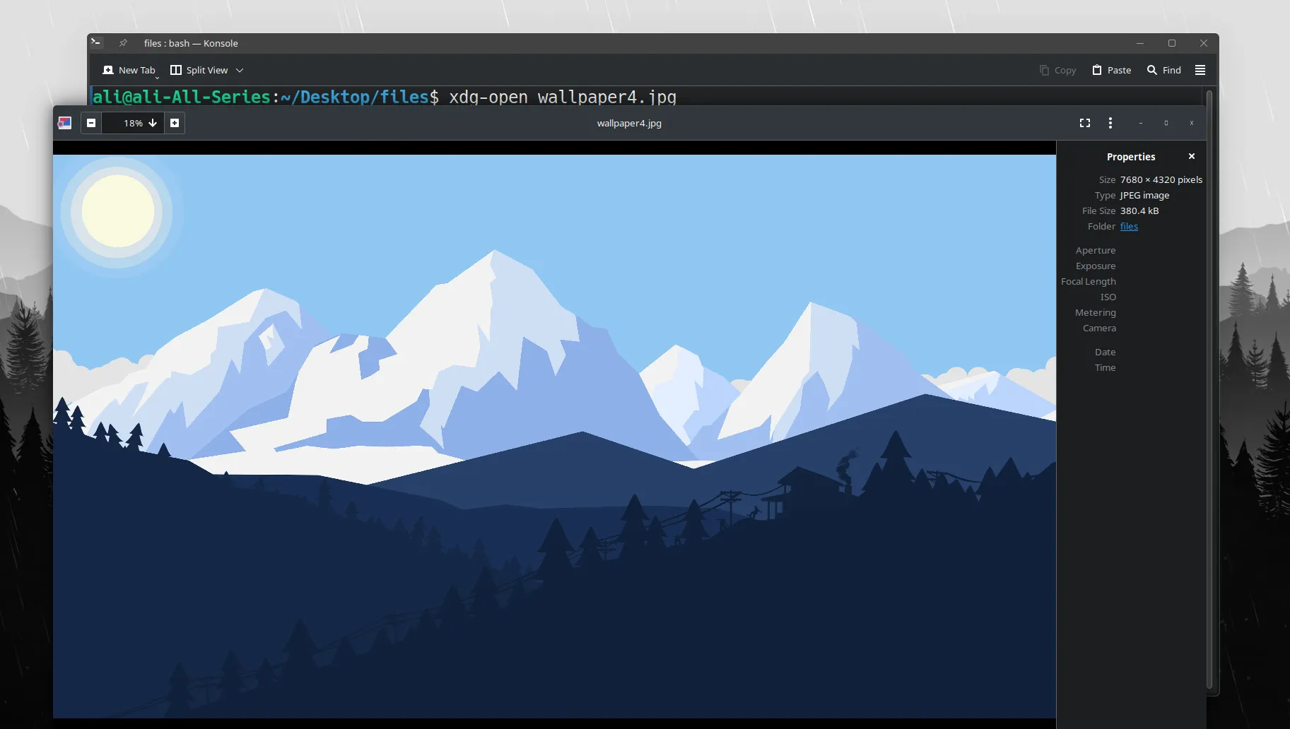Minh họa lệnh `xdg-open` trong Terminal để mở tệp ảnh JPEG trên Linux