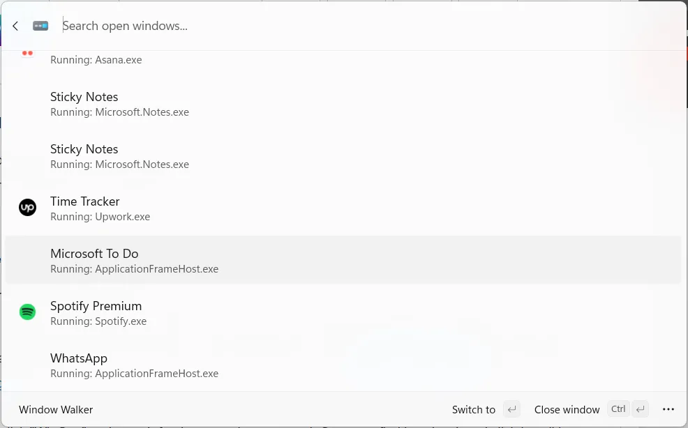 Minh họa tính năng Window Walker của Command Palette trên Windows, giúp tìm và chuyển đổi cửa sổ nhanh chóng.