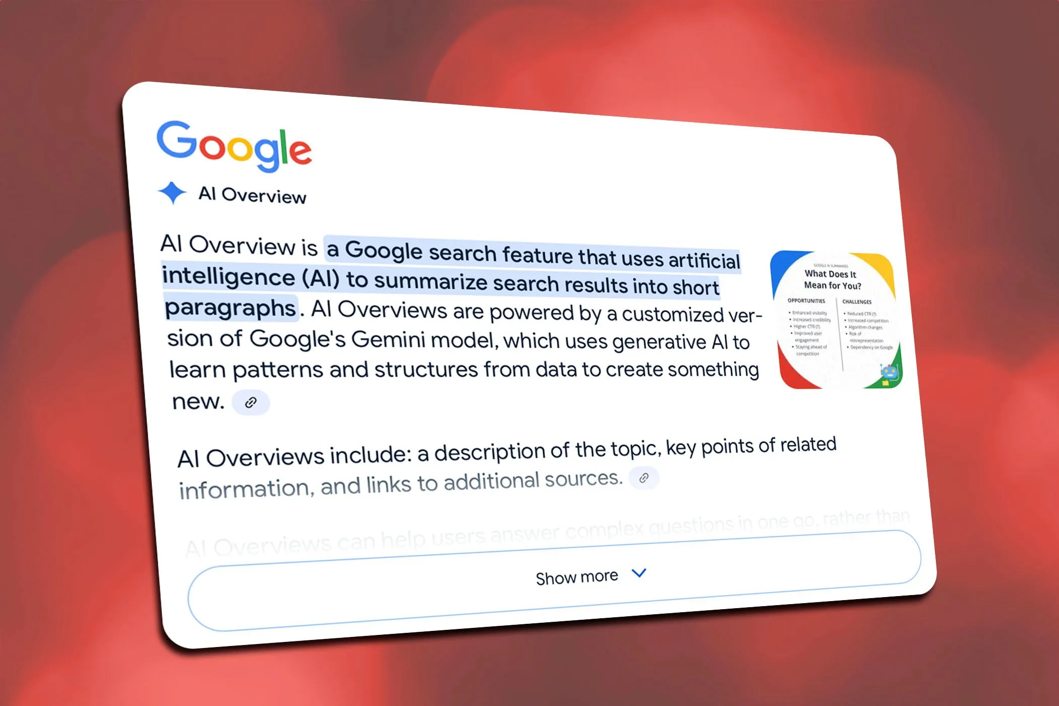 Minh họa tổng quan về tính năng AI Overviews trong kết quả tìm kiếm Google với các ô thông tin tóm tắt.