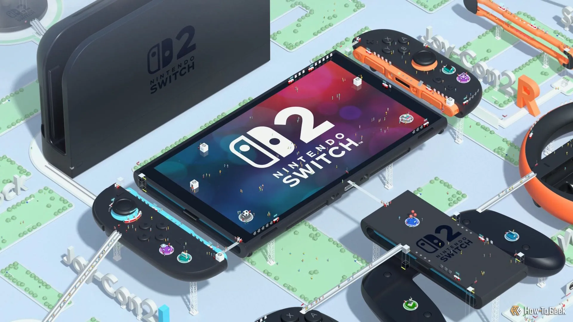 Mô hình kỹ thuật số của console Nintendo Switch 2, dock và phụ kiện, minh họa tích hợp với ứng dụng di động.