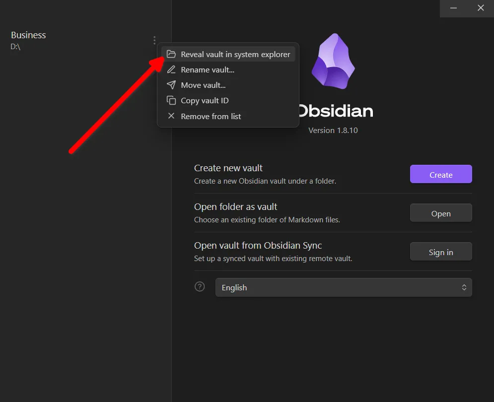 Mở thư mục Obsidian vault trong Windows Explorer để sao chép hoặc di chuyển.
