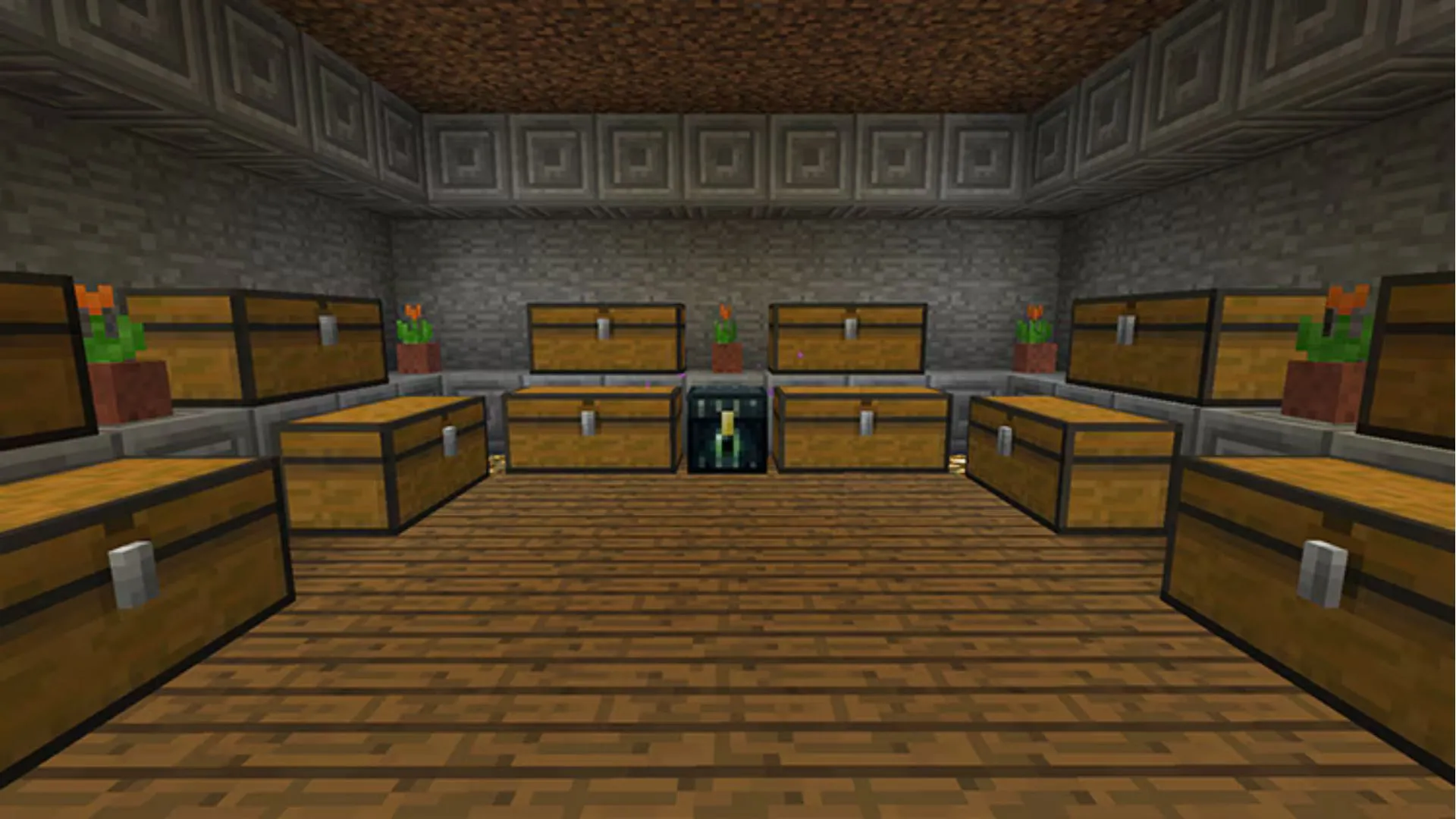 Một căn phòng đầy rương trong Minecraft, thể hiện không gian riêng tư được bảo vệ