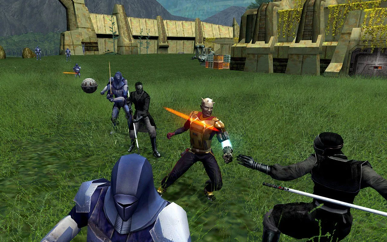 Một cảnh trong game Knights of the Old Republic II với nhân vật chính và HK-47.