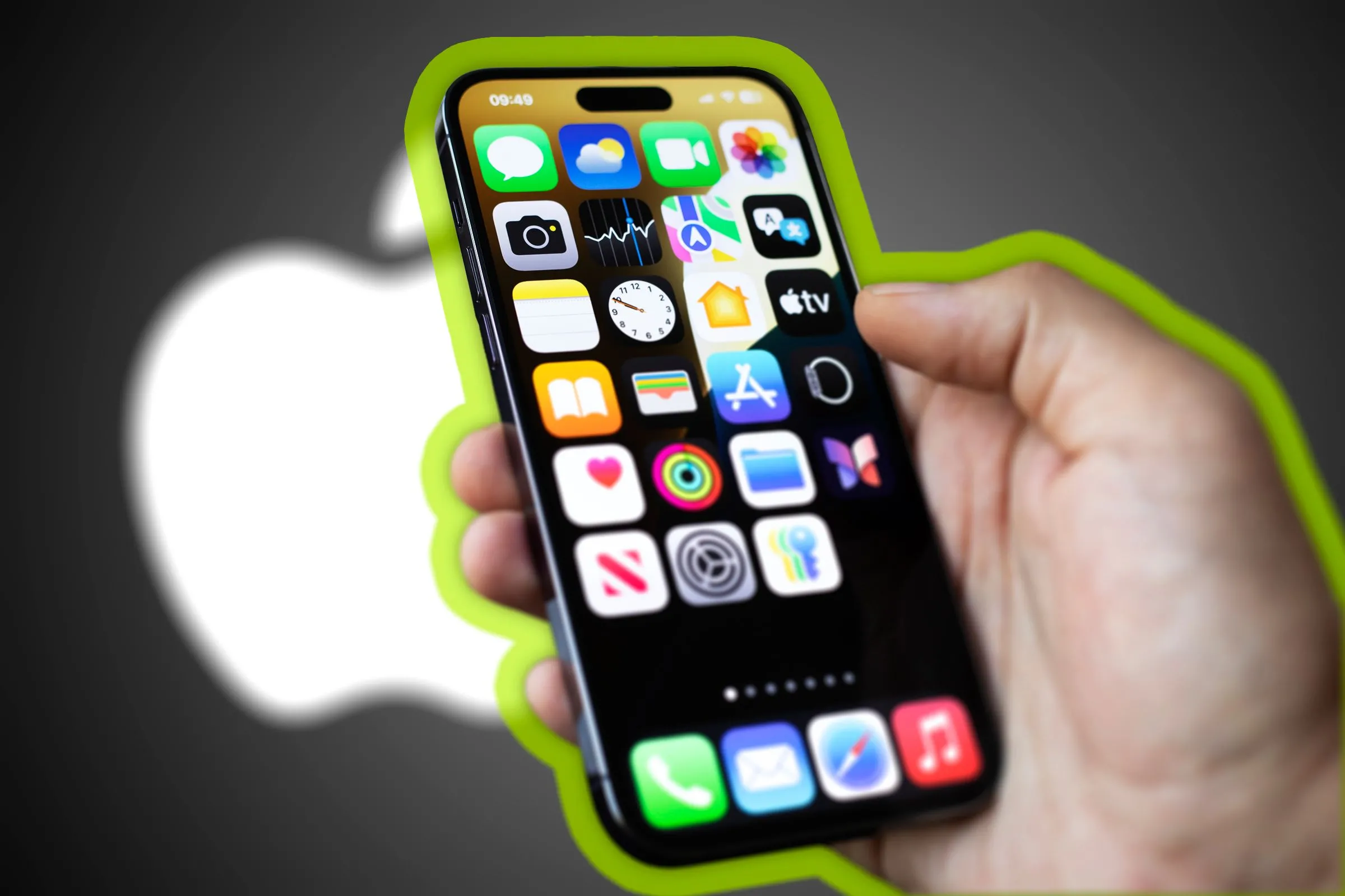 Một chiếc iPhone với tên ứng dụng bị ẩn và logo Apple ở chế độ nền.