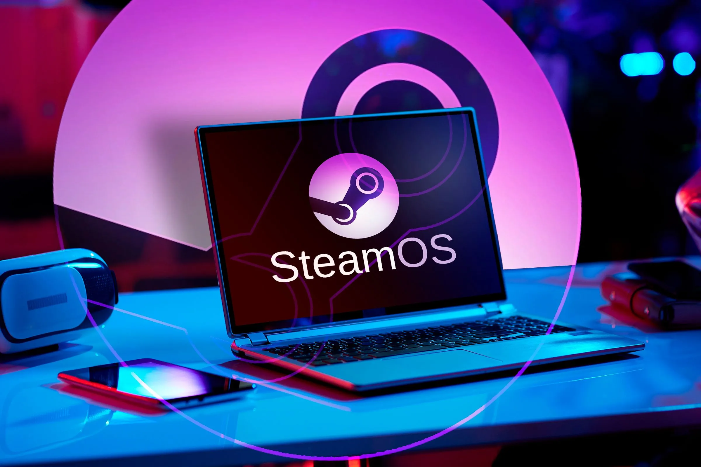 Một chiếc laptop hiển thị logo SteamOS, biểu tượng của hệ điều hành gaming dựa trên Linux của Valve.