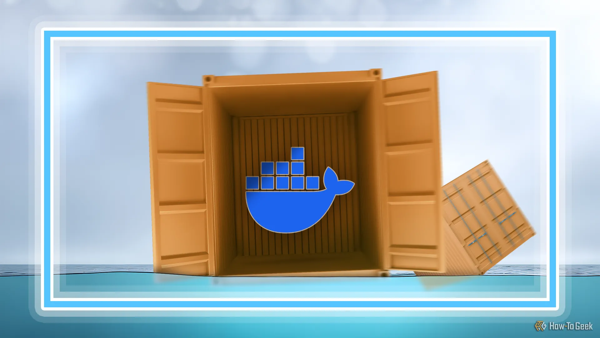 Một container vận chuyển màu cam với logo Docker nổi giữa biển khơi