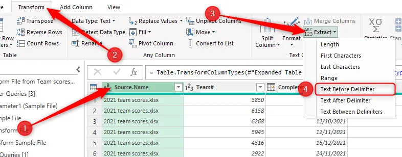 Một cột được chọn trong trình chỉnh sửa Power Query của Excel, và &quot;Text Before Delimiter&quot; được chọn trong menu Extract