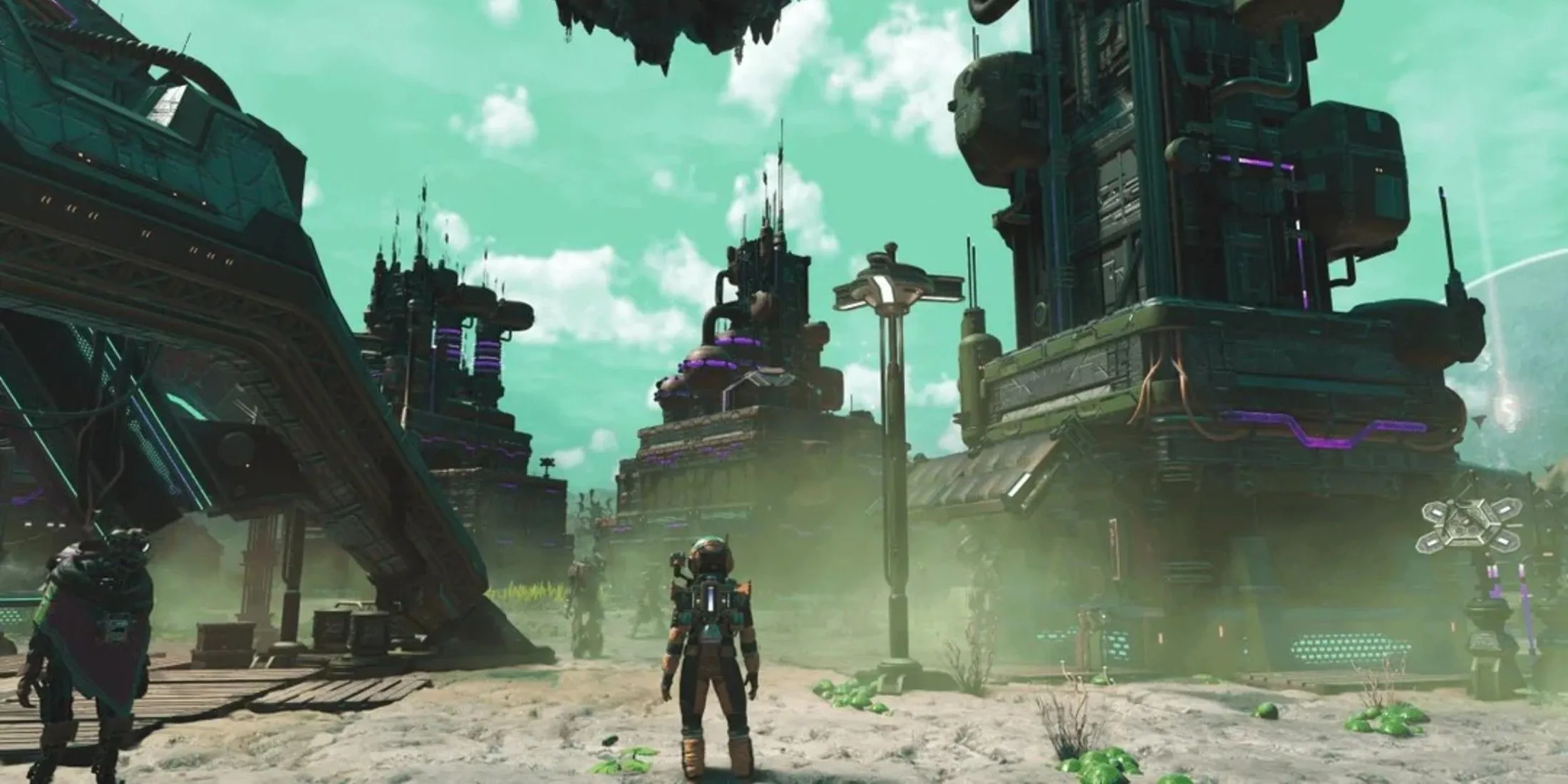 Một góc căn cứ No Man's Sky với các công trình và cảnh quan ngoài hành tinh