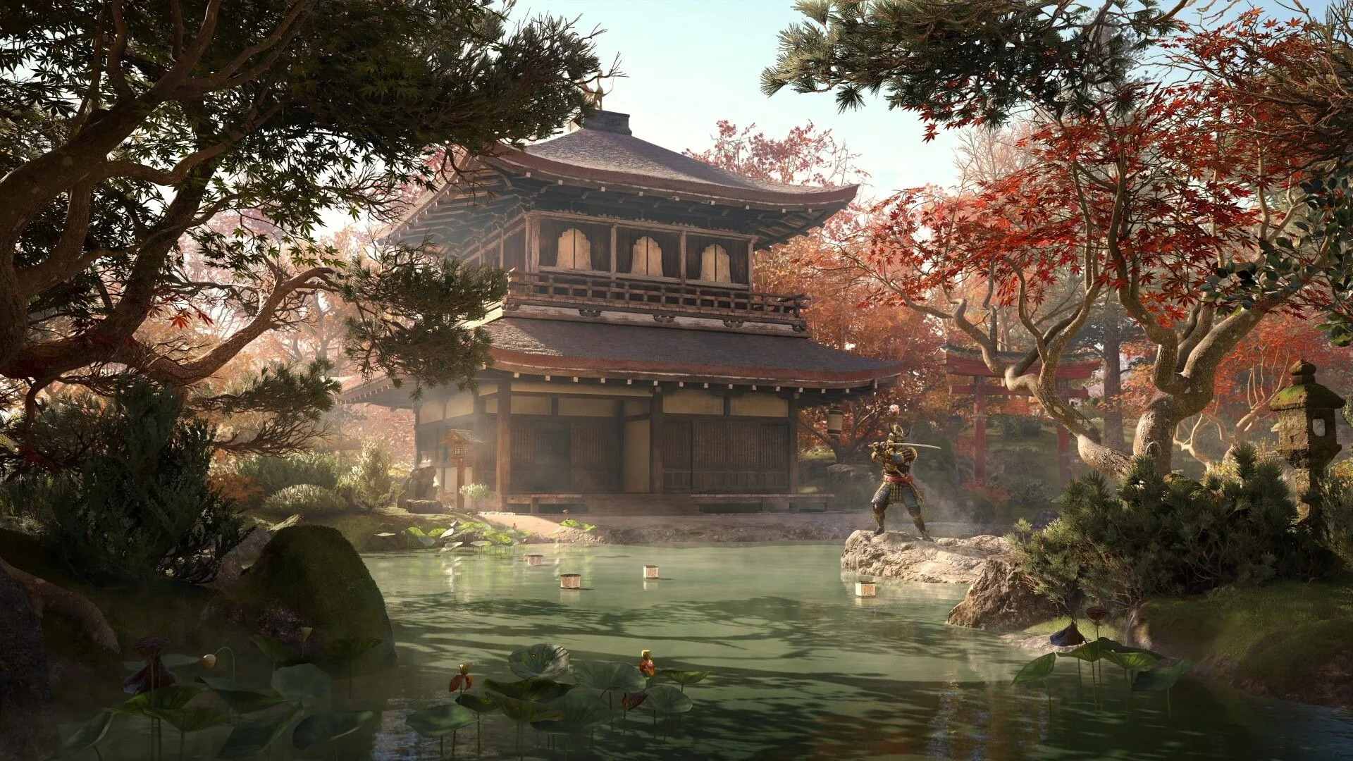 Một góc sân trong căn cứ Hideout của Assassin's Creed Shadows