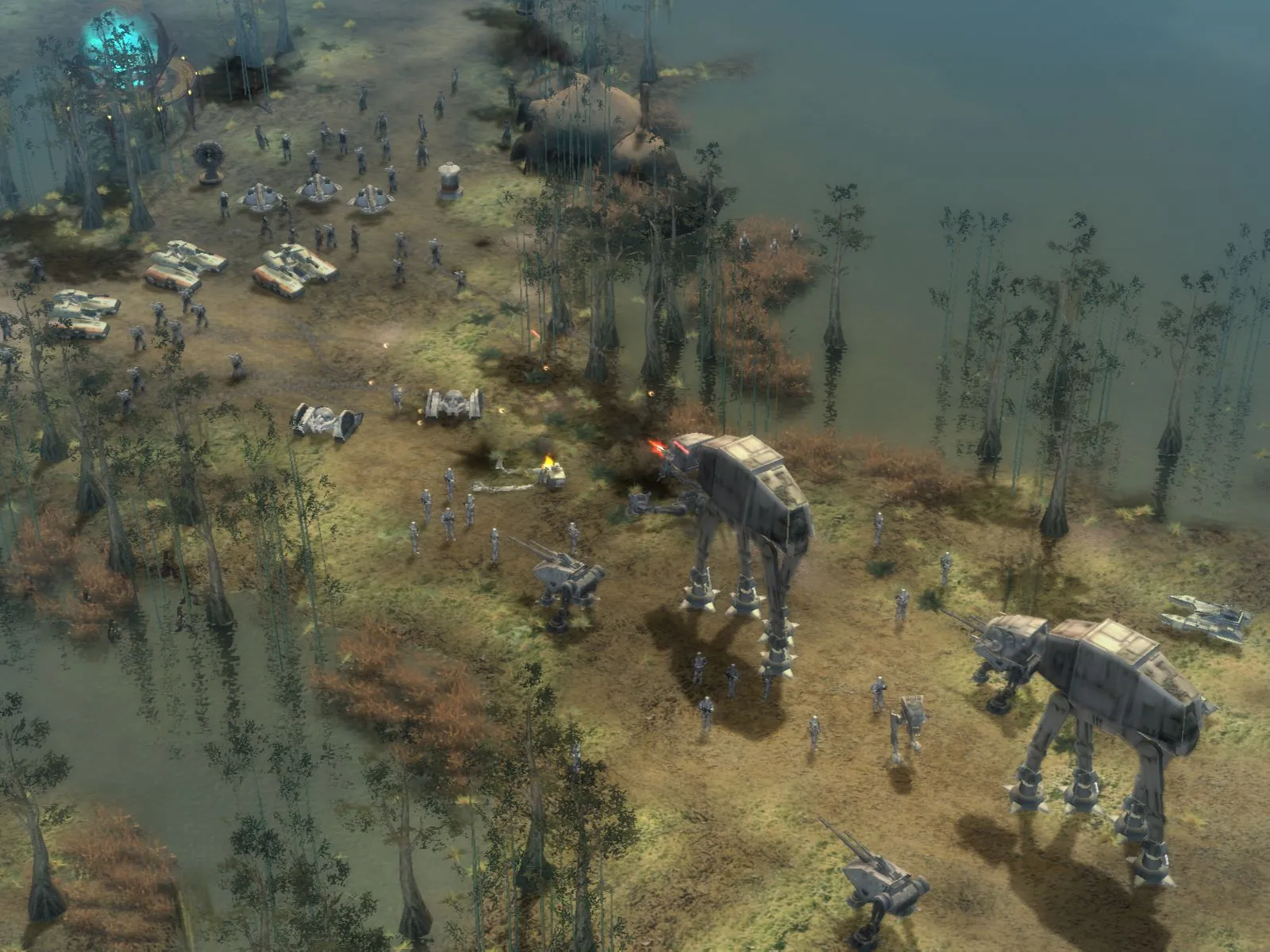 Một khung hình từ game Star Wars Empire at War hiển thị các hạm đội tàu không gian.