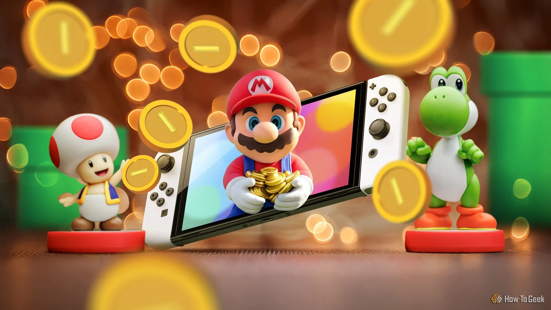 Một máy Nintendo Switch với Super Mario trên màn hình đang cầm những đồng xu, Toad và Yoshi bên cạnh, và một vài đồng xu xung quanh.