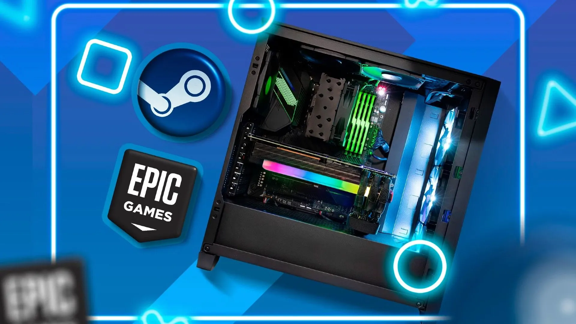 Một máy tính chơi game với logo Epic Games và Steam bên cạnh.