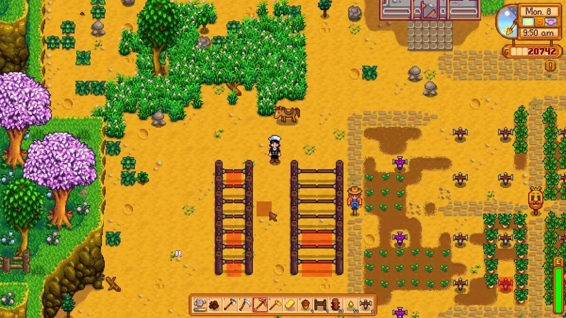 Một người chơi Stardew Valley đứng trước một loạt các cổng trên nông trại, minh họa tính năng tự động đóng mở của Automatic Gates mod.