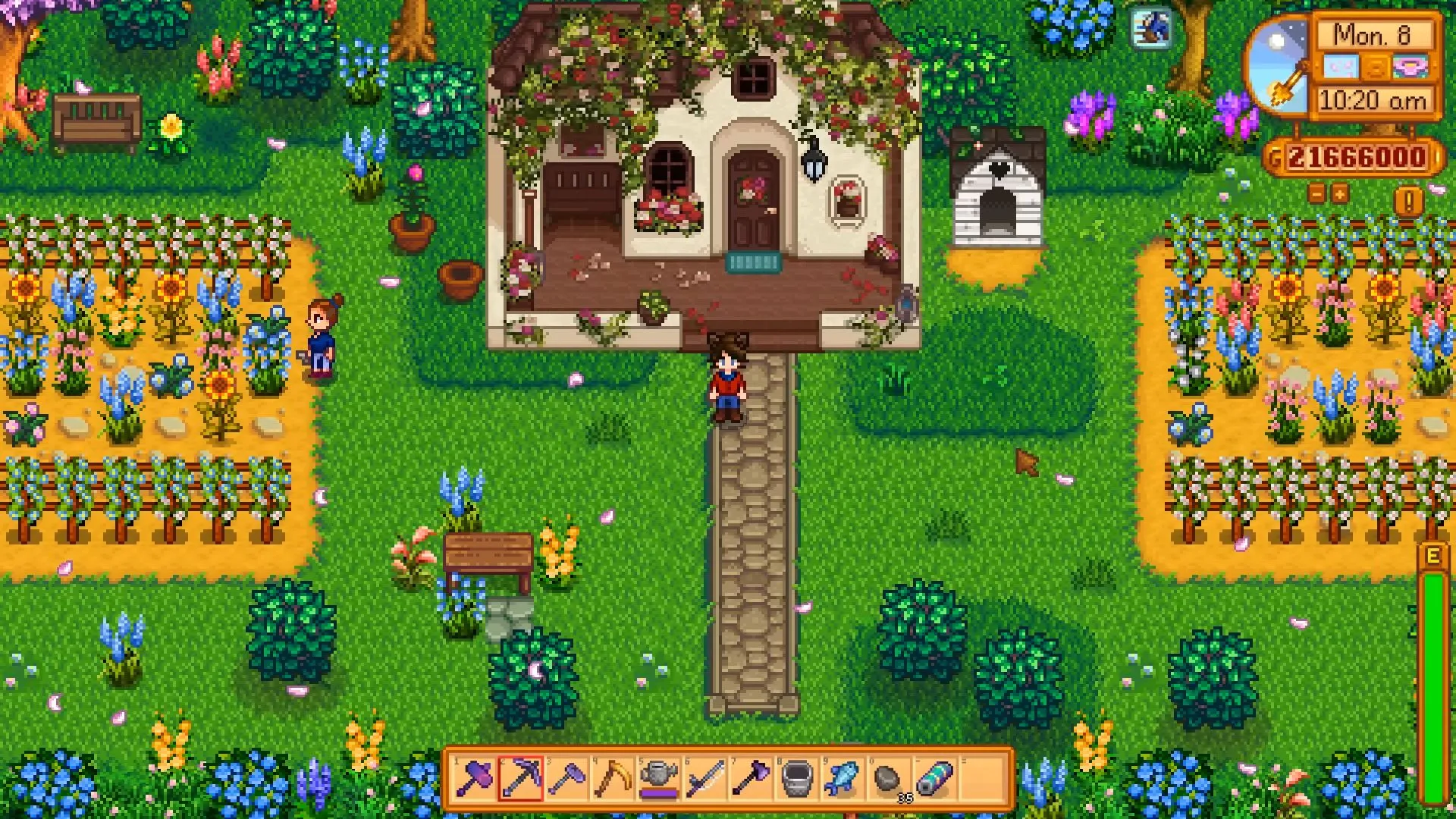 Một người chơi Stardew Valley đứng trước ngôi nhà phủ đầy dây thường xuân với những vườn hoa rực rỡ trong khu vực East Scarp mới.