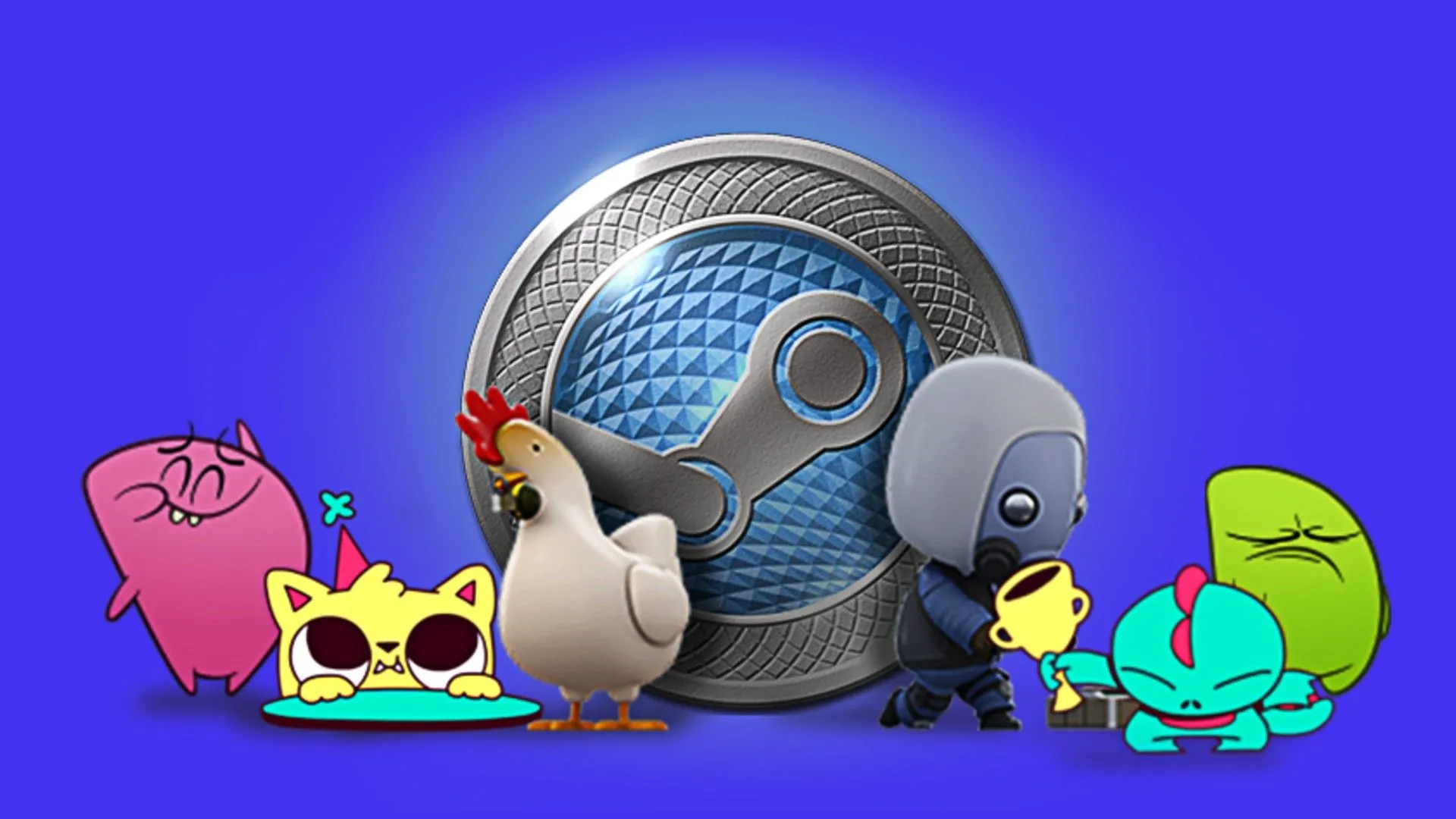 Một nhóm động vật và sinh vật hai chân cạnh logo Steam với cân, trên nền màu xanh lam.