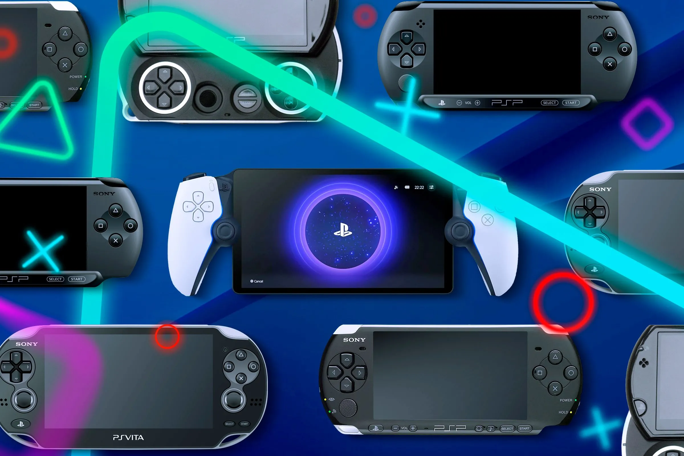 Một số máy console cầm tay của Sony đặt cạnh nhau.