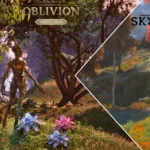 Một spriggon trong rừng từ The Elder Scrolls IV Oblivion Remastered (trái) và spriggon gần ao trong Skyblivion (phải), so sánh đồ họa game fan-made.