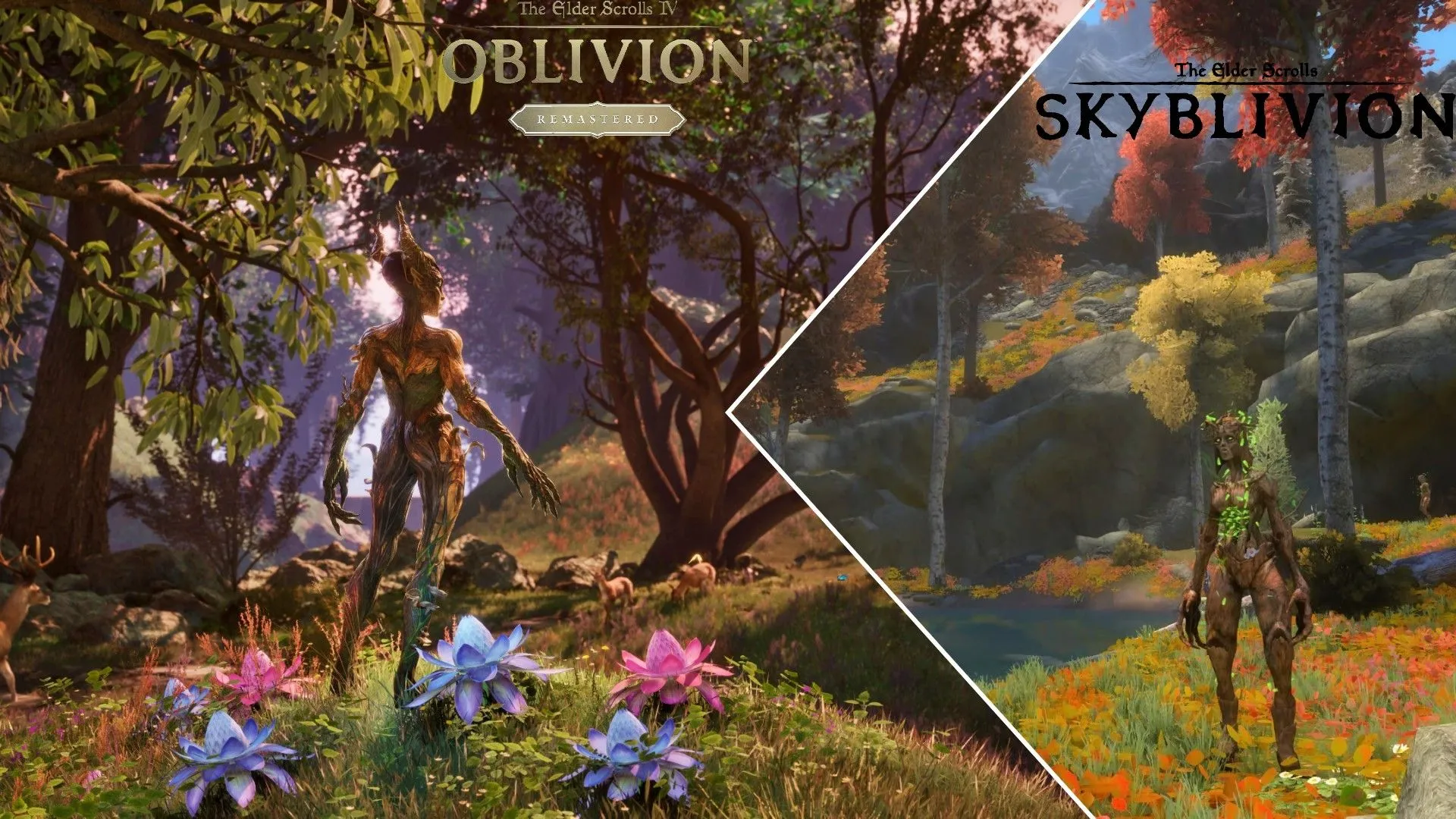 Một spriggon trong rừng từ The Elder Scrolls IV Oblivion Remastered (trái) và spriggon gần ao trong Skyblivion (phải), so sánh đồ họa game fan-made.