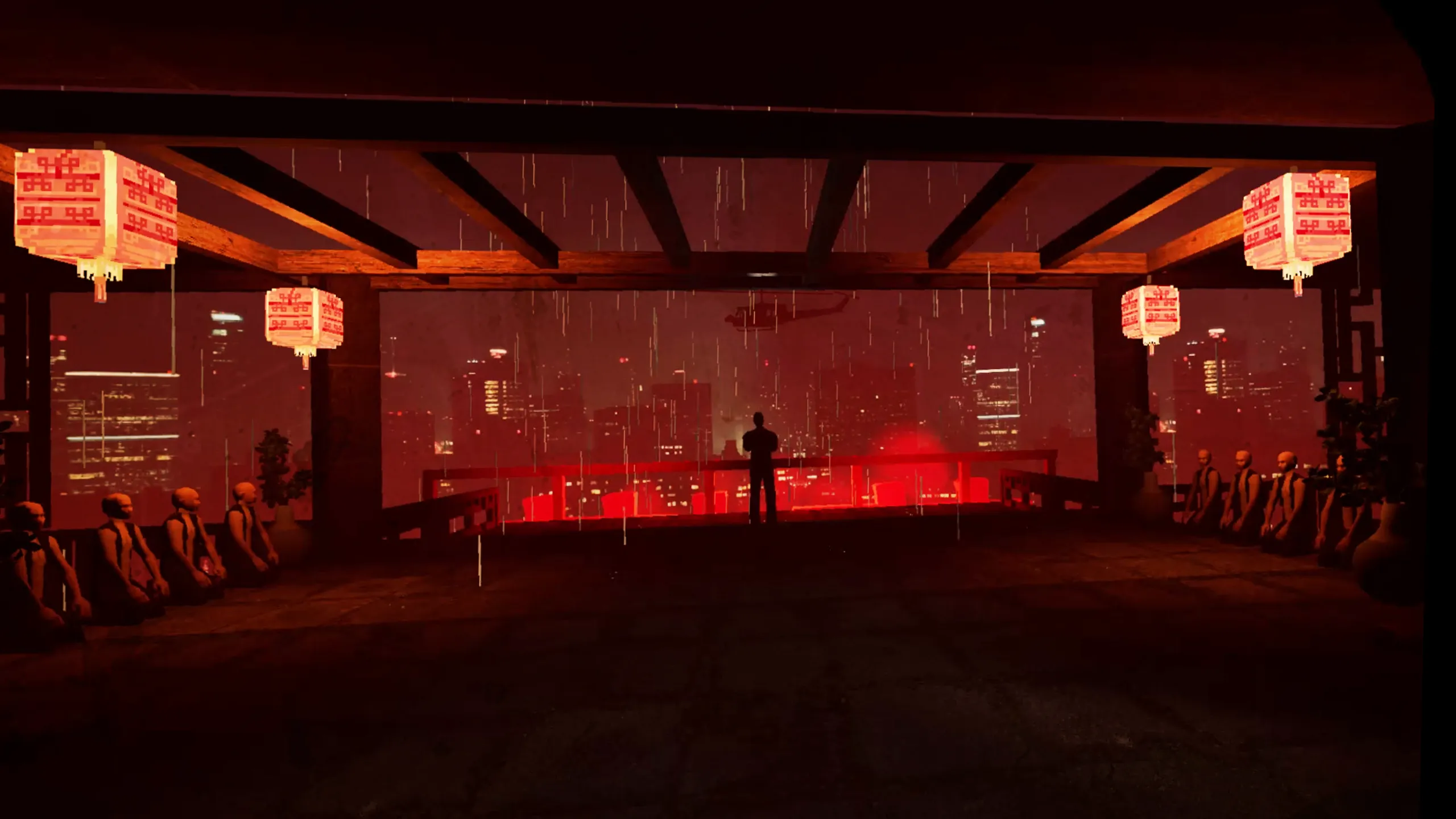 Một võ sĩ đang đứng trên mái nhà trong game Path of Fury với tông màu đỏ ấn tượng.