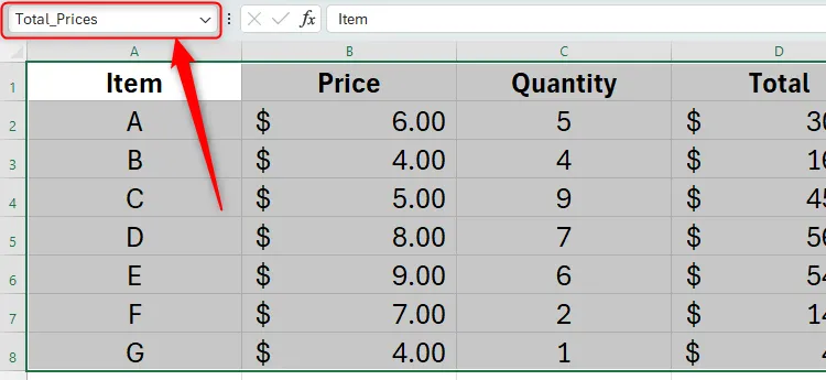 Một vùng dữ liệu trong Excel được đổi tên thành Total_Prices trong hộp tên Name Box, minh họa cách đặt tên cho phạm vi ô.