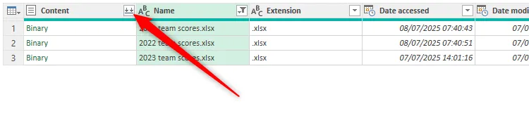Mũi tên kép xuống trong tiêu đề cột Content trong trình chỉnh sửa Power Query của Excel