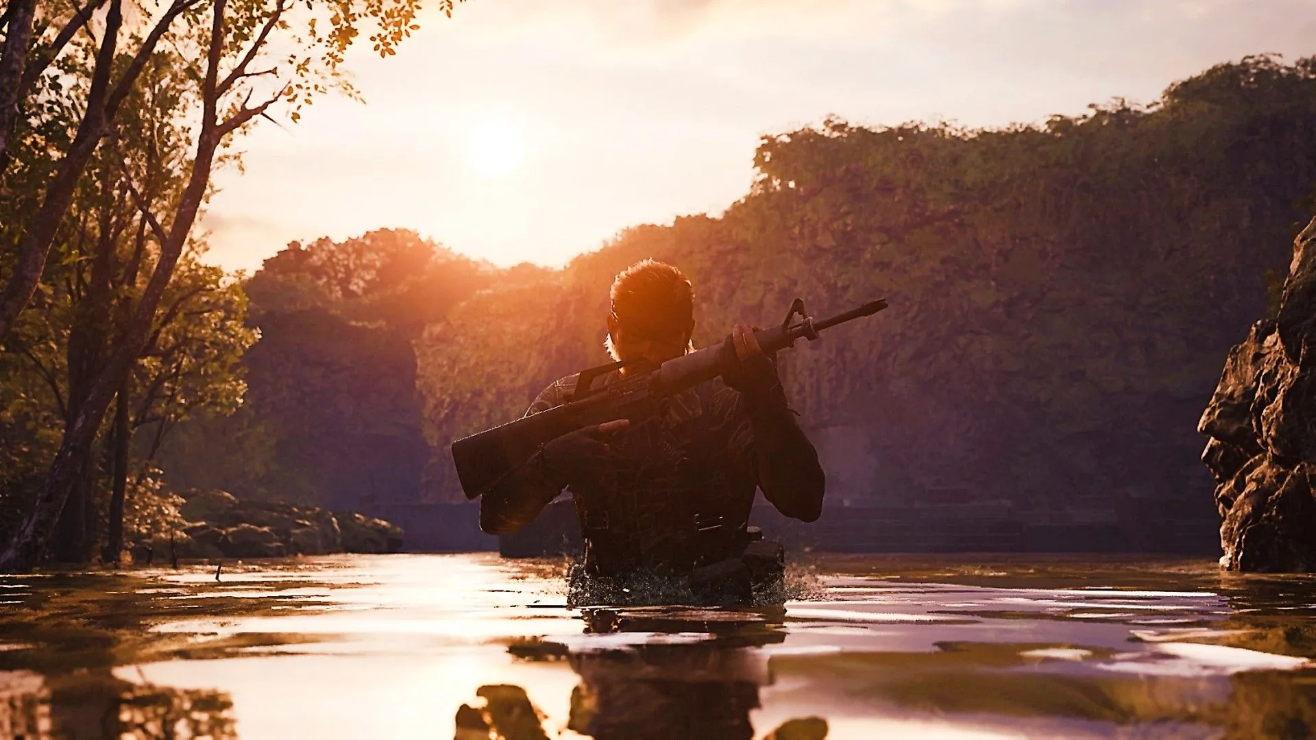 Naked Snake của Metal Gear Solid Delta: Snake Eater cầm vũ khí khi băng qua sông, hình ảnh thể hiện cảnh hành động trong game remake được kỳ vọng sẽ mở ra kỷ nguyên mới cho series Metal Gear.