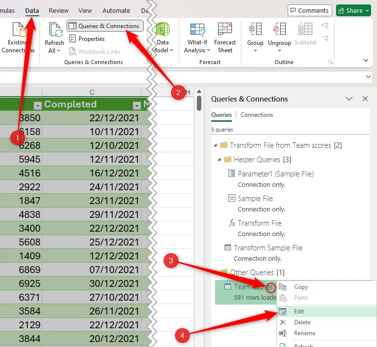 Ngăn Queries And Connections trong Microsoft Excel được kích hoạt, và menu chuột phải trên truy vấn chính được mở rộng, với &quot;Edit&quot; được chọn
