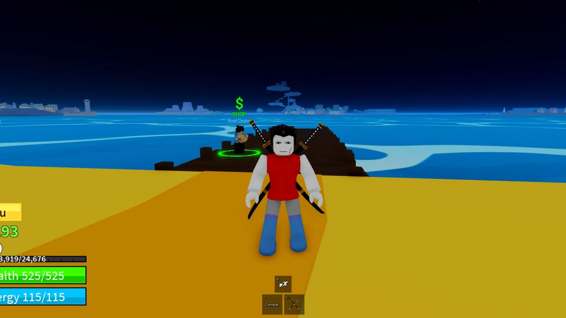 Người chơi đứng với hai thanh kiếm sau lưng gần một bến tàu trong Roblox Bloxfruits.