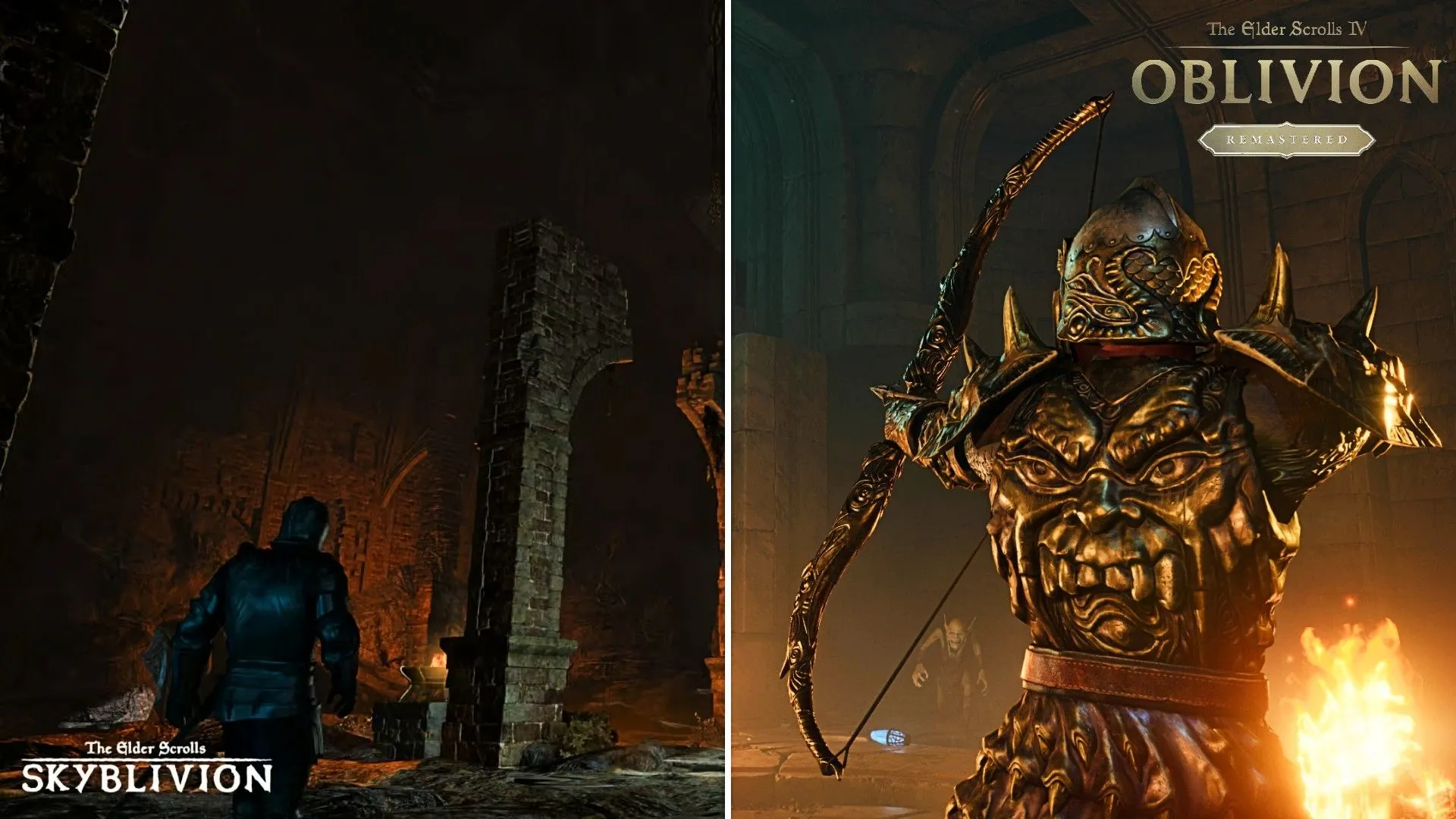 Người chơi khám phá hầm ngục trong Oblivion Remastered (phải) và Skyblivion (trái), thể hiện sự khác biệt về môi trường game.