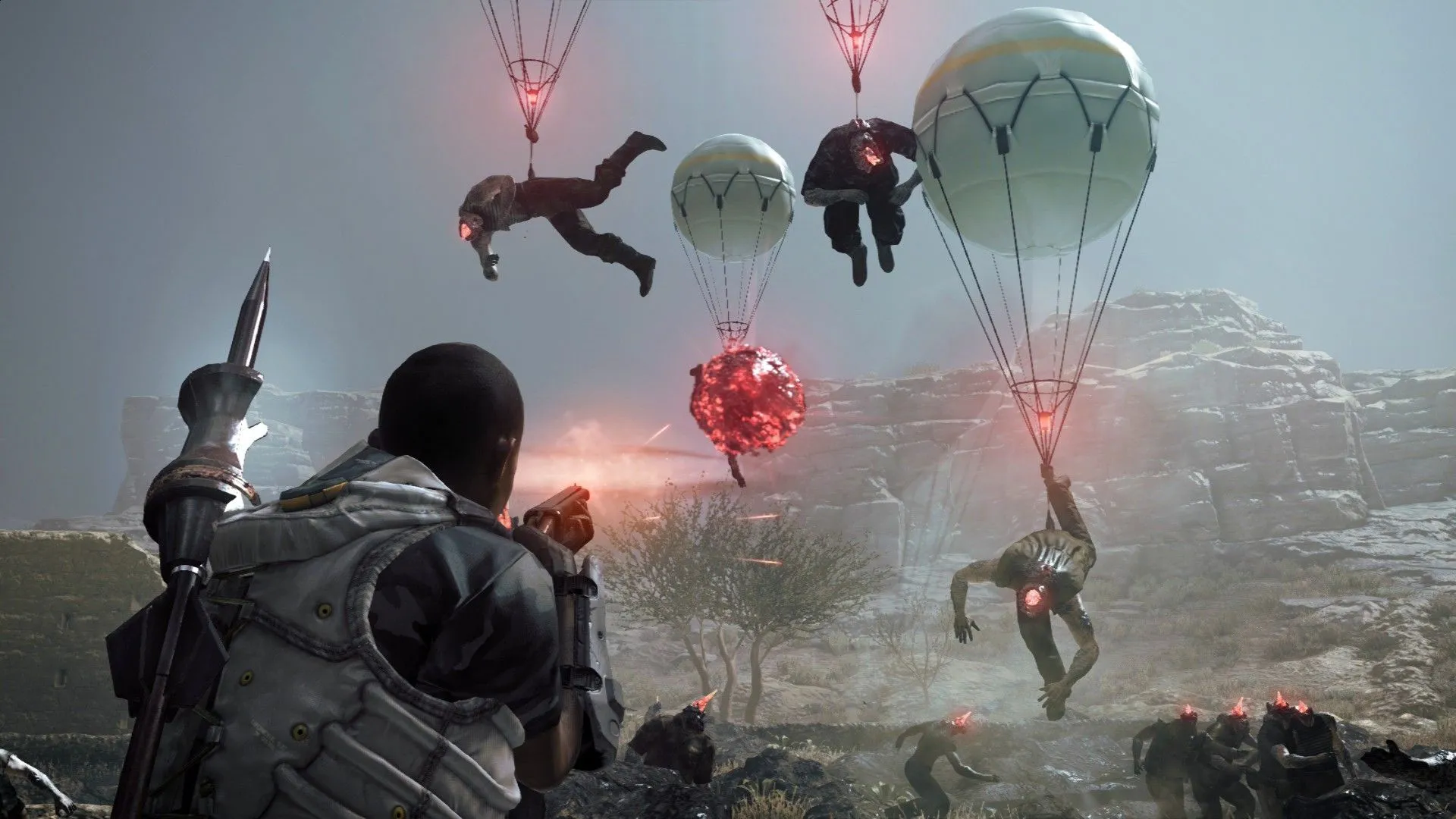 Người chơi nhắm bắn quái vật đang bị bóng bay kéo lên trong Metal Gear Survive, một ví dụ về hướng đi khác biệt của series Metal Gear sau khi Kojima rời đi.