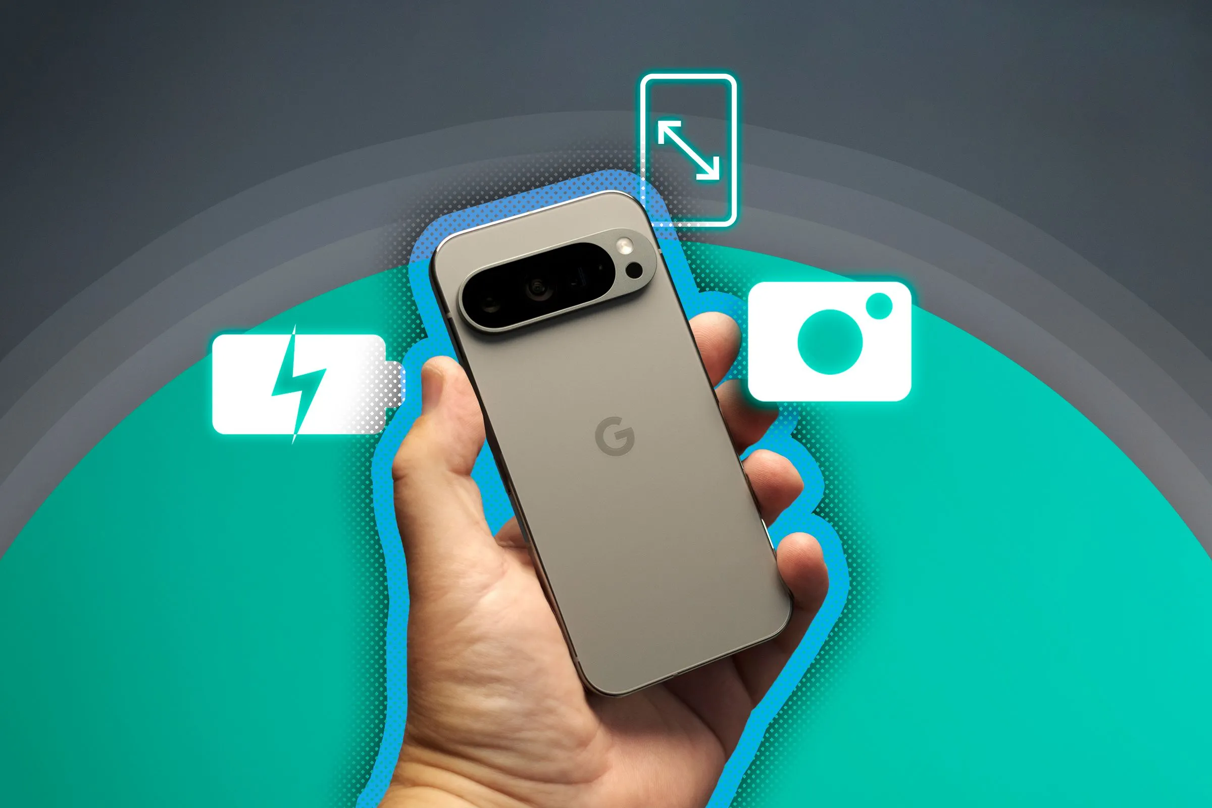 Người dùng cầm Google Pixel 9 Pro, thể hiện các điểm nổi bật về pin, camera và kích thước màn hình.