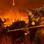 Người máy Atlan khổng lồ đối đầu quỷ dữ trong bối cảnh game DOOM The Dark Ages, minh họa cho sức mạnh hủy diệt.