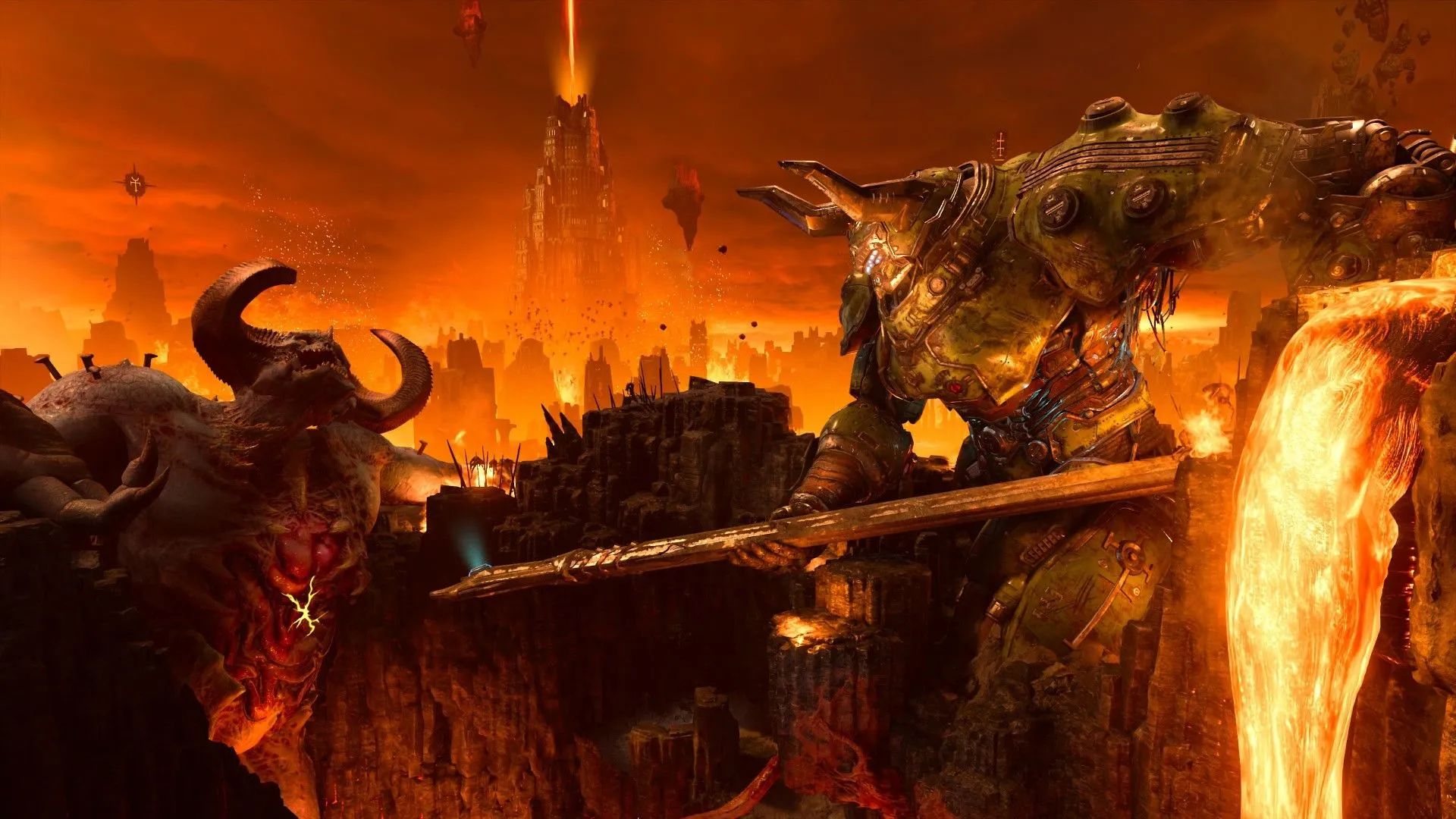 Người máy Atlan khổng lồ đối đầu quỷ dữ trong bối cảnh game DOOM The Dark Ages, minh họa cho sức mạnh hủy diệt.
