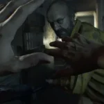 Nhân vật chính đang nhìn chăm chú trong môi trường tối tăm của game Resident Evil 7