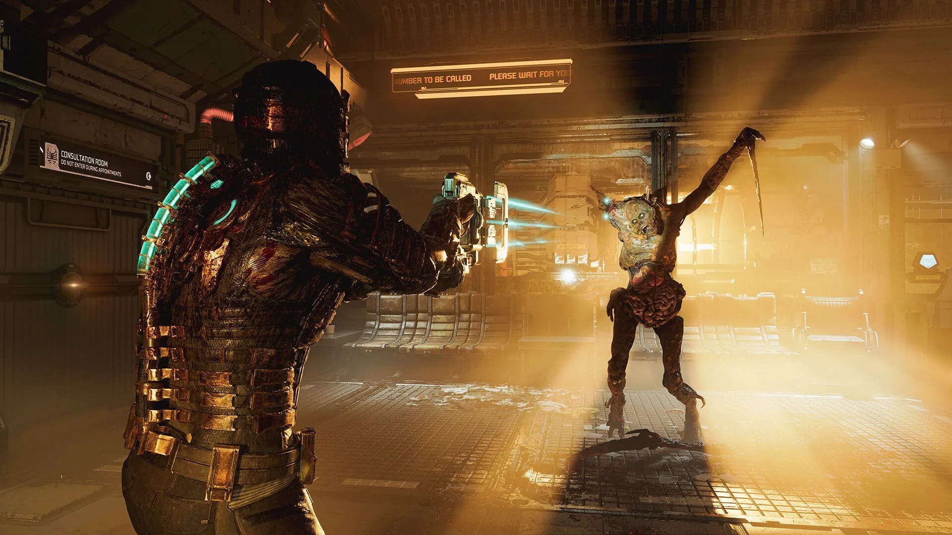 Nhân vật Issac Clarke đối mặt với một necromorph trong Dead Space (2023), minh họa đồ họa kinh dị chi tiết.