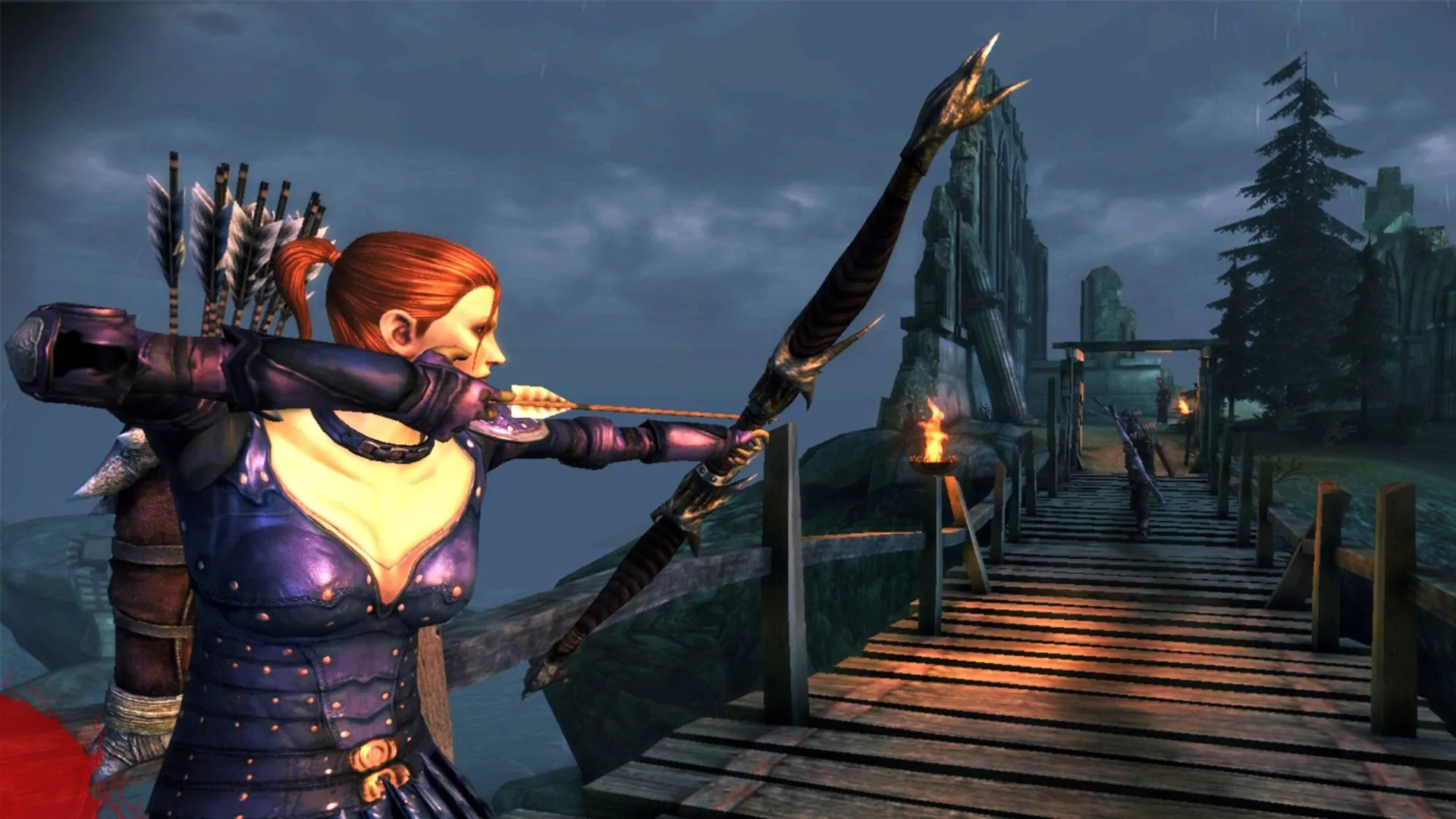 Nhân vật Leliana chuẩn bị bắn cung trong Dragon Age Origins, series game nhập vai kế thừa tự do.