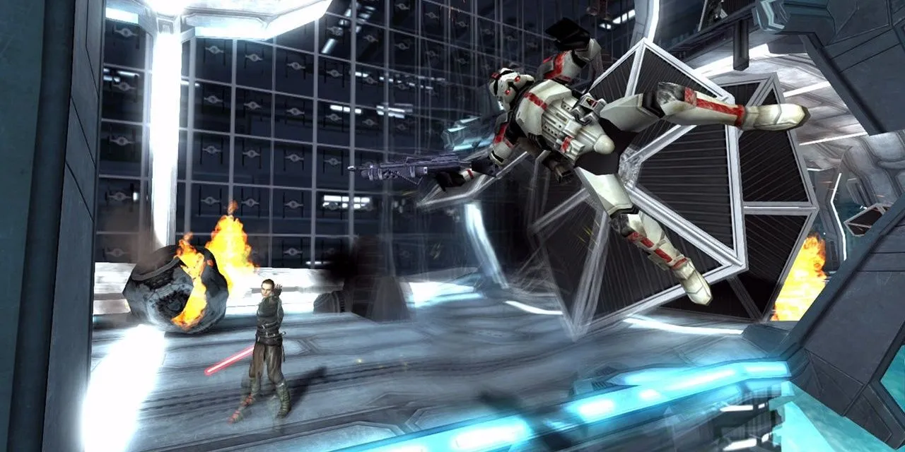 Nhân vật Starkiller sử dụng Thần lực chống lại Stormtrooper trong Star Wars: The Force Unleashed, minh họa sức mạnh Force bá đạo.