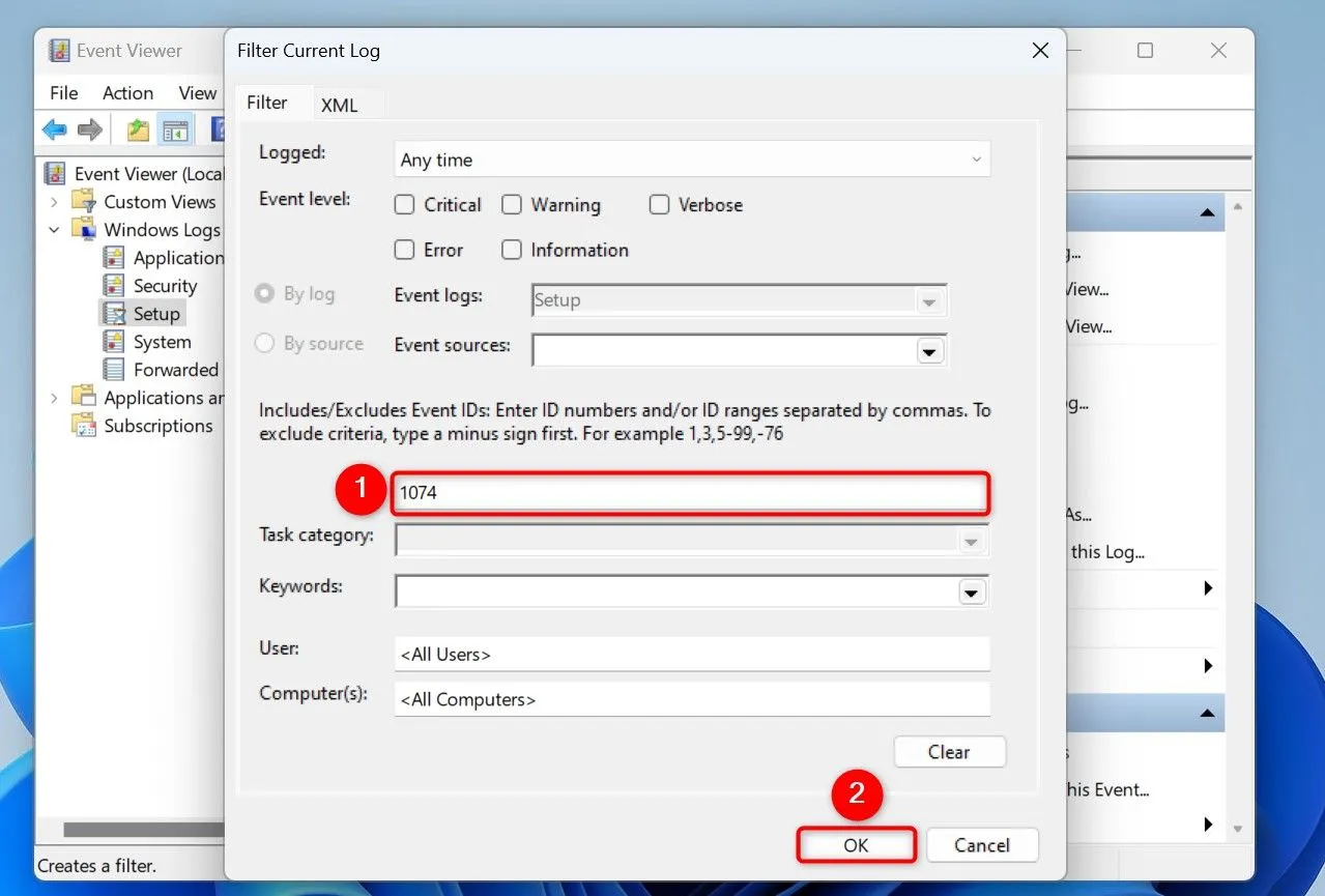 Nhập ID sự kiện 1074 để lọc các sự kiện khởi động lại trong Event Viewer