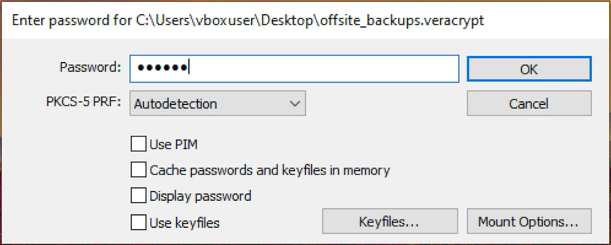 Nhập mật khẩu đã thiết lập để mở khóa và truy cập dữ liệu an toàn bên trong container VeraCrypt đã mã hóa.