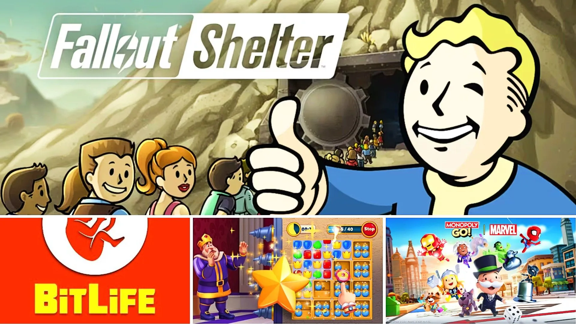 Nhiều biểu tượng và nhân vật từ các game di động phổ biến như Fallout Shelter, Bitlife, Royal Match và Monopoly GO