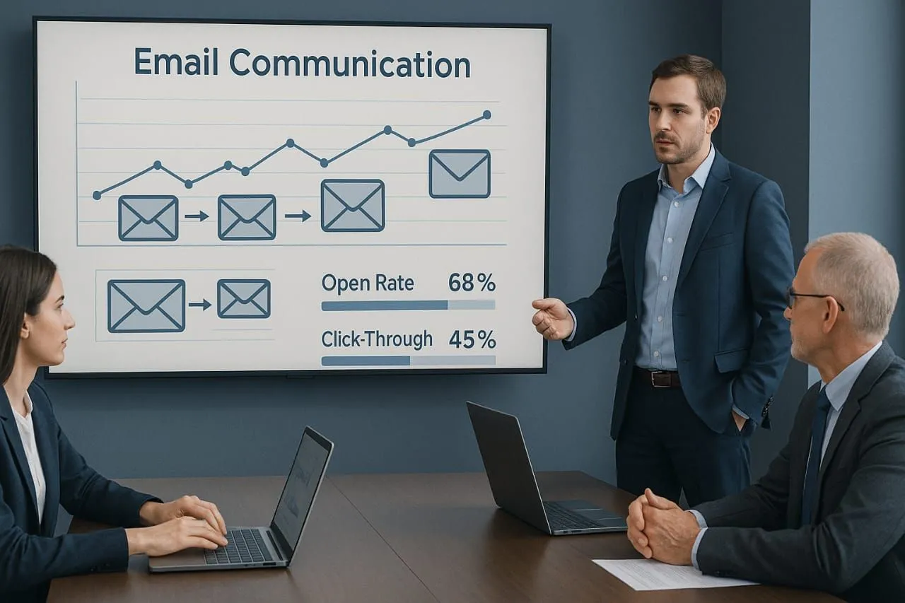Nhóm doanh nghiệp đang phân tích chỉ số mở email trong một buổi thuyết trình về chiến dịch marketing.
