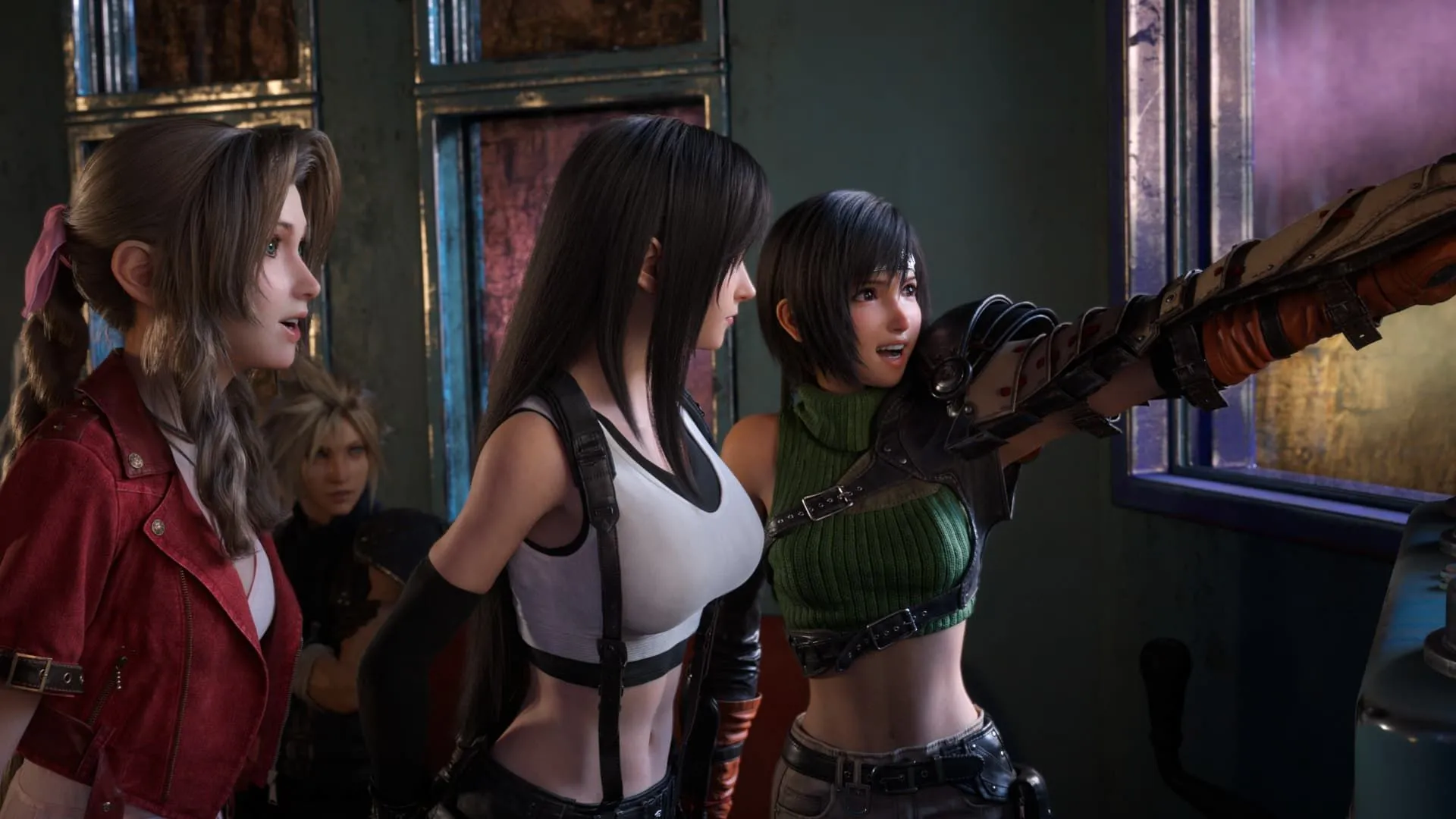 Nhóm nhân vật chính Aerith, Tifa, Yuffie và Cloud từ Final Fantasy VII Rebirth đang tiến đến khu vui chơi Gold Saucer.